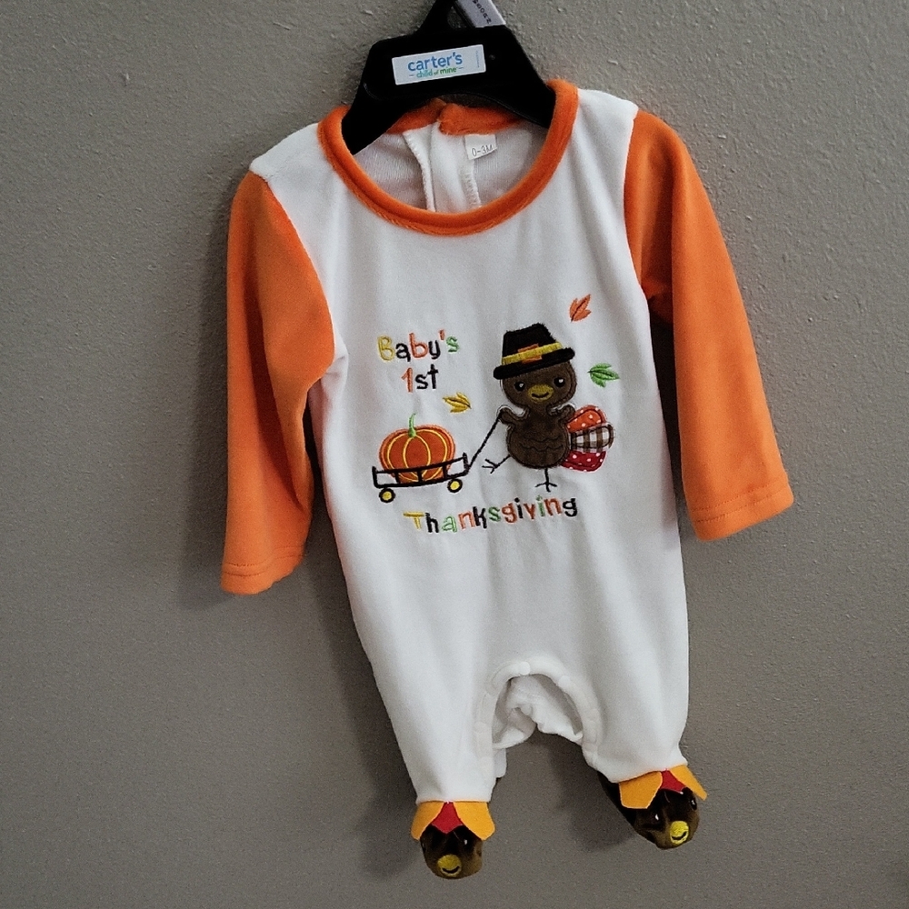 Orange & White "Baby's 1st Thanksgiving" One-Piece Footie